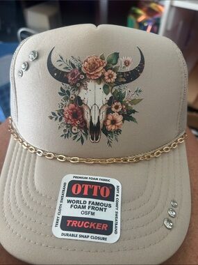 OTTO Beige Floral Bull Skull Trucker Hat with Gold Chain Accent